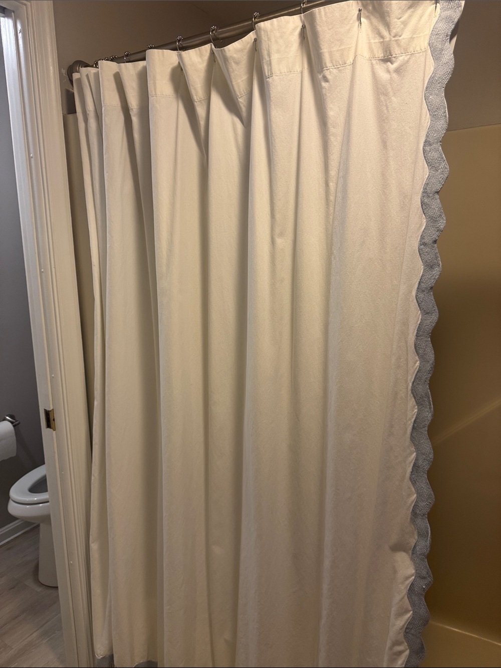 Anthropologie Cream Shower Curtain with Gray Scalloped Trim